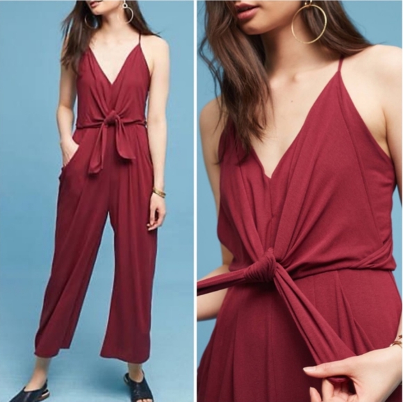 Anthropologie Willa WILLA Tie Waist Burgundy Red Draped Jumpsuit Large - Picture 1 of 15